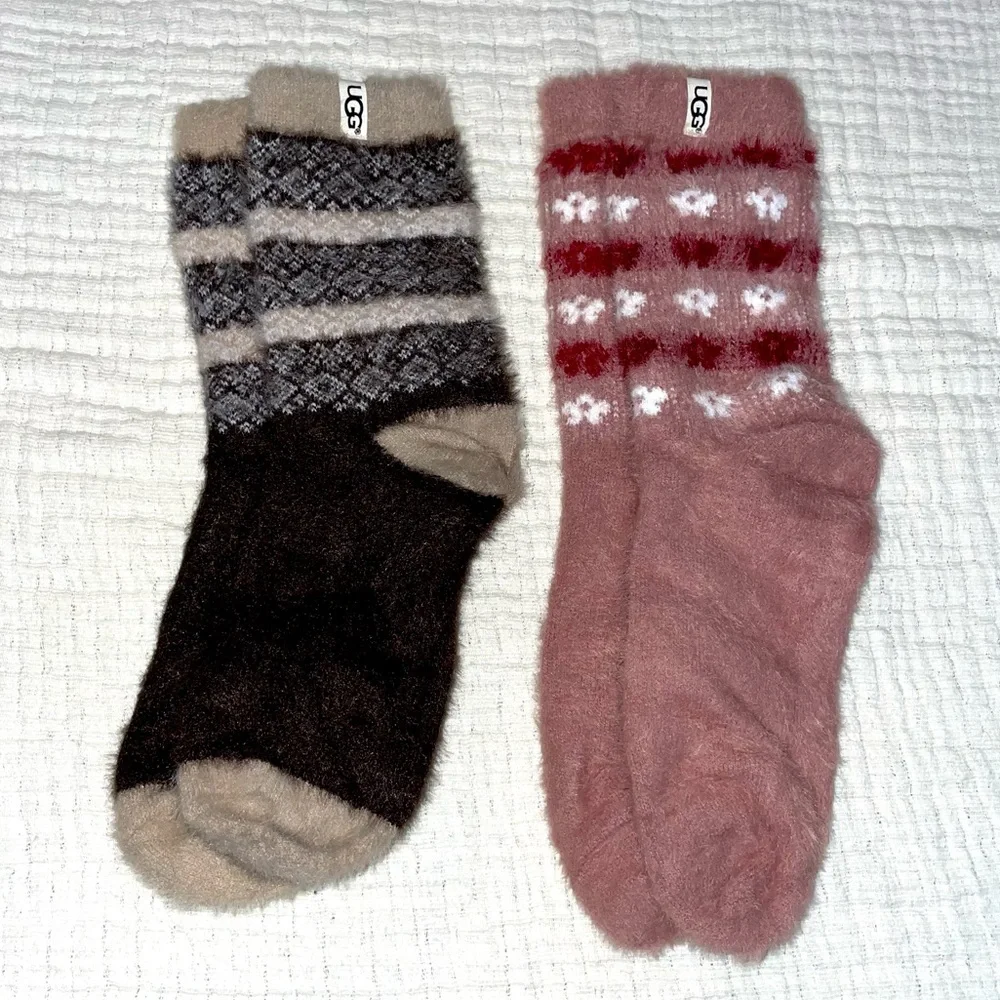 UGG Fuzzy Crew Socks Women’s Medium Brown  Red Floral & Nordic 2 Pair Soft NEW